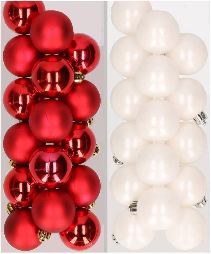 Decoris 32x stuks kunststof kerstballen mix van rood en wit 4 cm Kerstbal