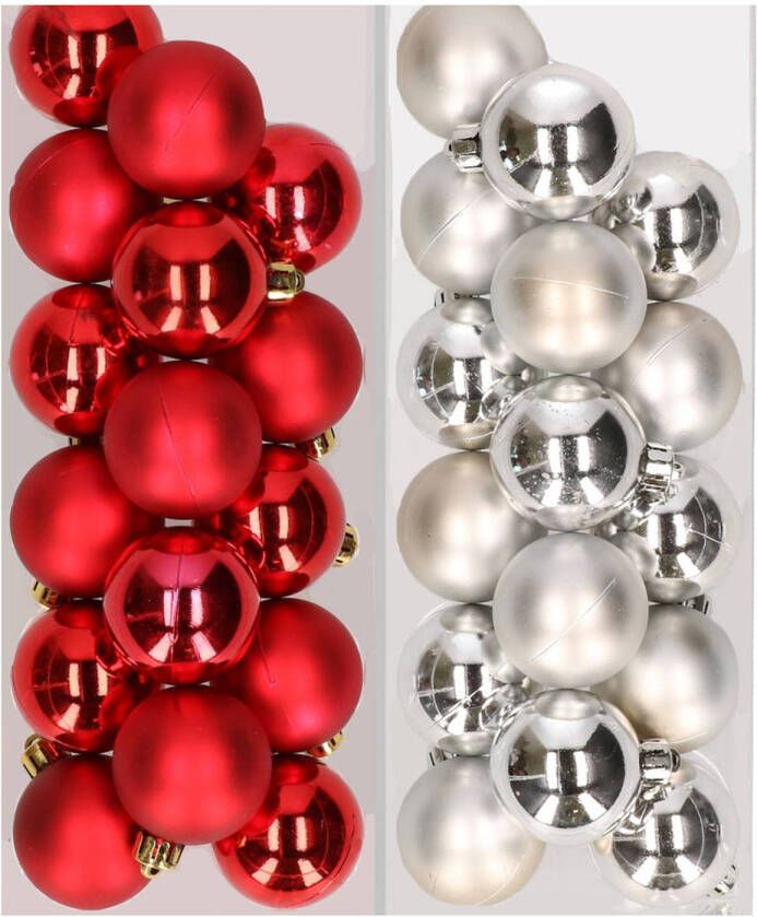 Decoris 32x stuks kunststof kerstballen mix van rood en zilver 4 cm Kerstbal
