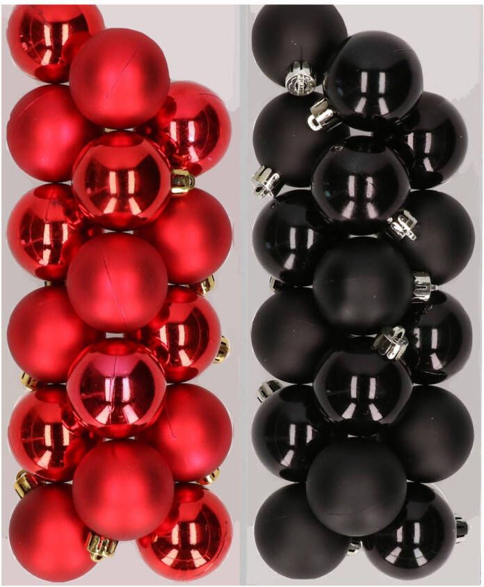 Decoris 32x stuks kunststof kerstballen mix van rood en zwart 4 cm Kerstbal