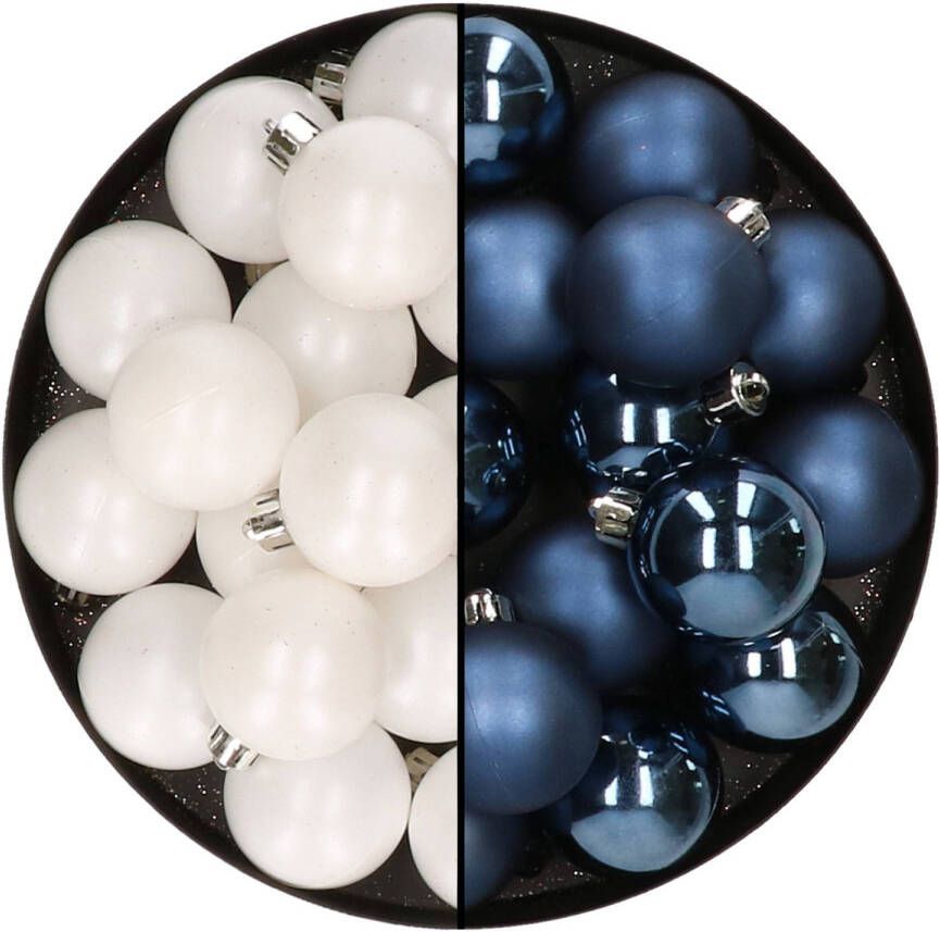 Decoris 32x stuks kunststof kerstballen mix van wit en donkerblauw 4 cm Kerstbal