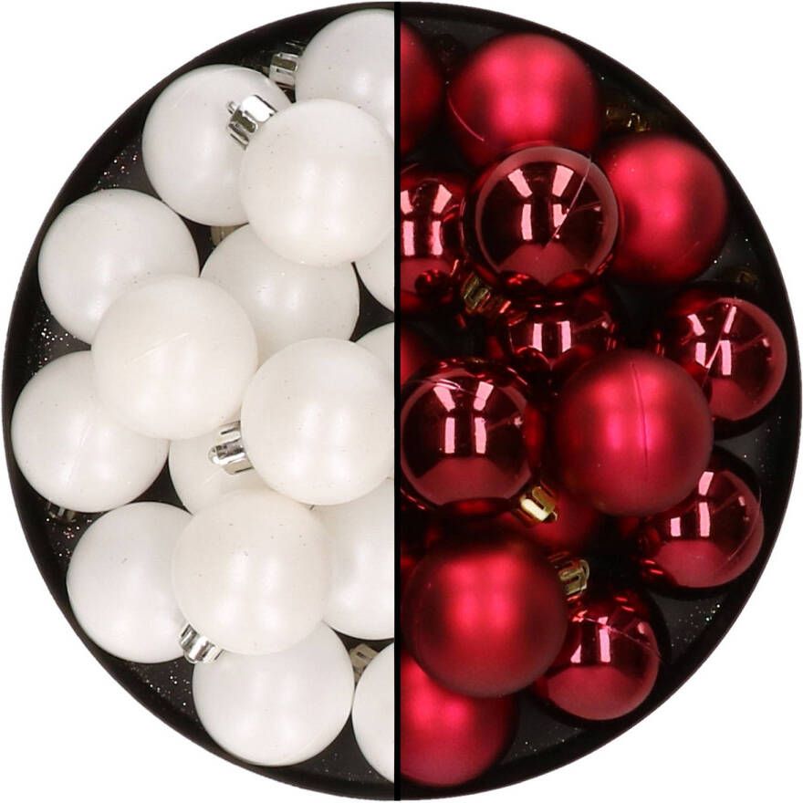 Decoris 32x stuks kunststof kerstballen mix van wit en donkerrood 4 cm Kerstbal
