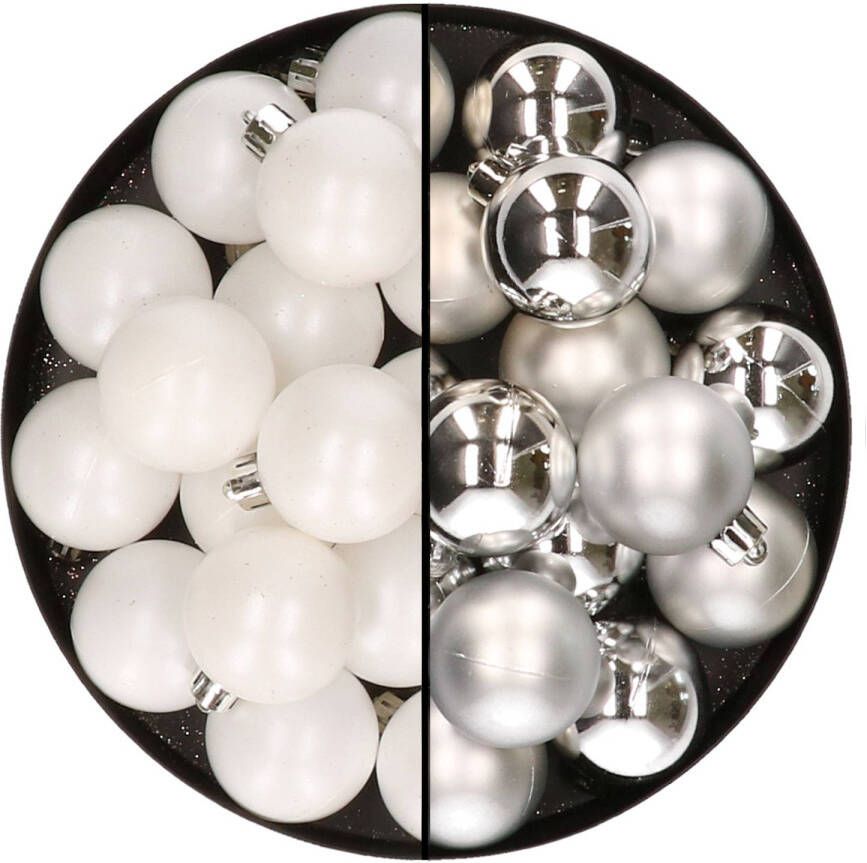 Decoris 32x stuks kunststof kerstballen mix van wit en zilver 4 cm Kerstbal