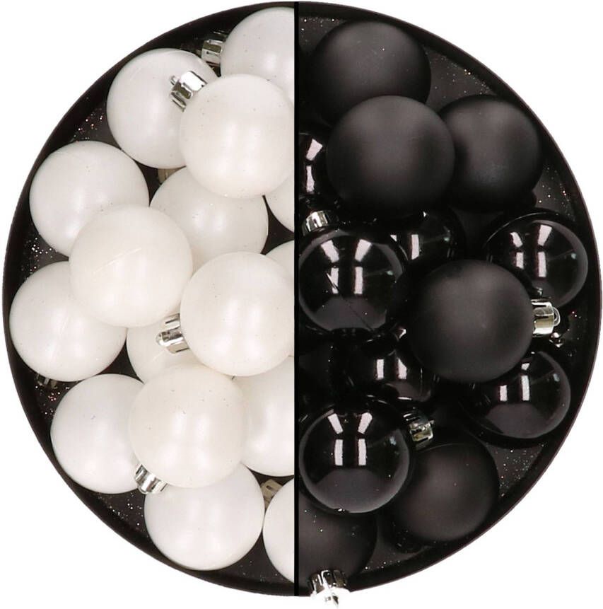 Decoris 32x stuks kunststof kerstballen mix van wit en zwart 4 cm Kerstbal