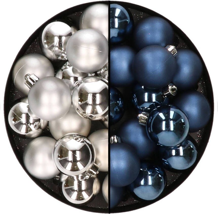 Decoris 32x stuks kunststof kerstballen mix van zilver en donkerblauw 4 cm Kerstbal