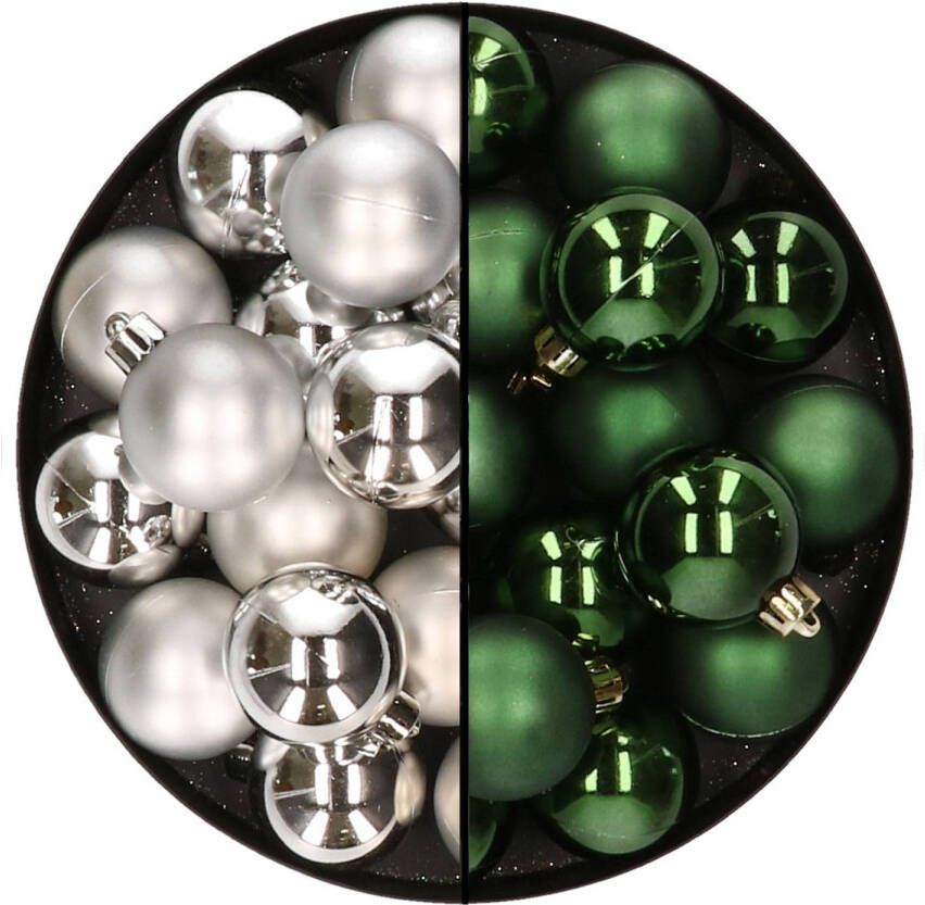 Decoris 32x stuks kunststof kerstballen mix van zilver en donkergroen 4 cm Kerstbal
