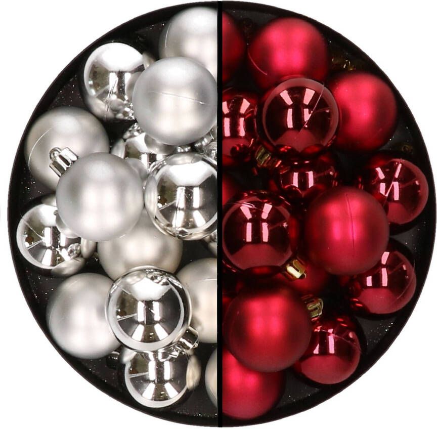 Decoris 32x stuks kunststof kerstballen mix van zilver en donkerrood 4 cm Kerstbal