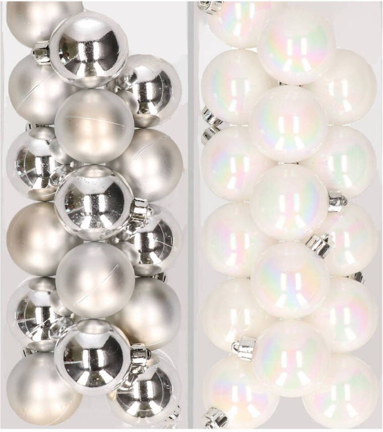 Decoris 32x stuks kunststof kerstballen mix van zilver en parelmoer wit 4 cm Kerstbal