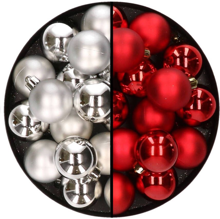 Decoris 32x stuks kunststof kerstballen mix van zilver en rood 4 cm Kerstbal