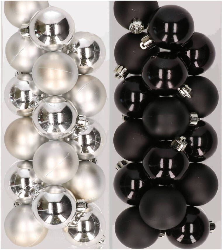 Decoris 32x stuks kunststof kerstballen mix van zilver en zwart 4 cm Kerstbal