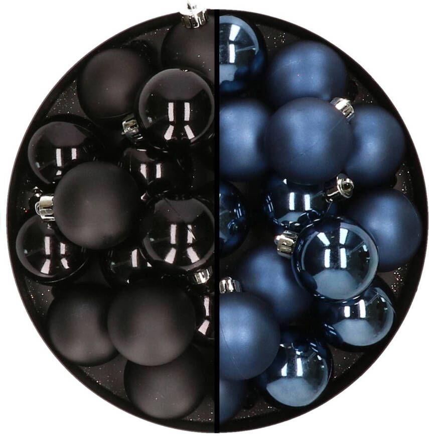 Decoris 32x stuks kunststof kerstballen mix van zwart en donkerblauw 4 cm Kerstbal