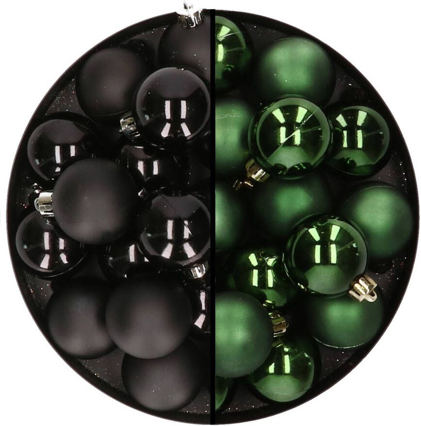Decoris 32x stuks kunststof kerstballen mix van zwart en donkergroen 4 cm Kerstbal