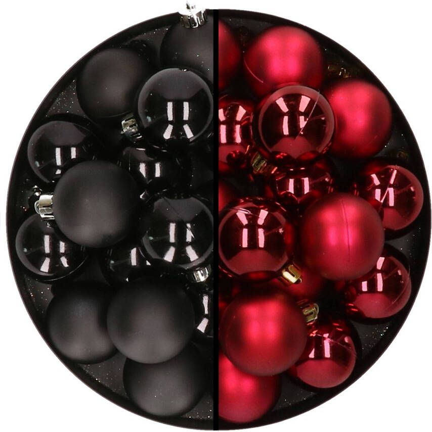 Decoris 32x stuks kunststof kerstballen mix van zwart en donkerrood 4 cm Kerstbal