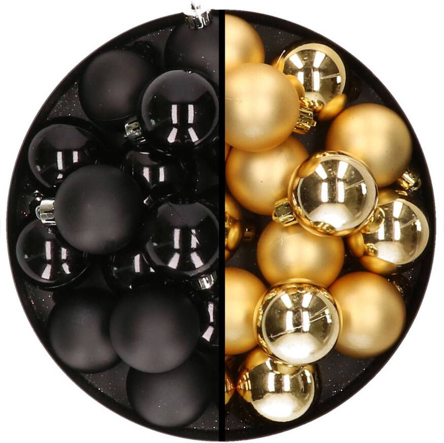 Decoris 32x stuks kunststof kerstballen mix van zwart en goud 4 cm Kerstbal