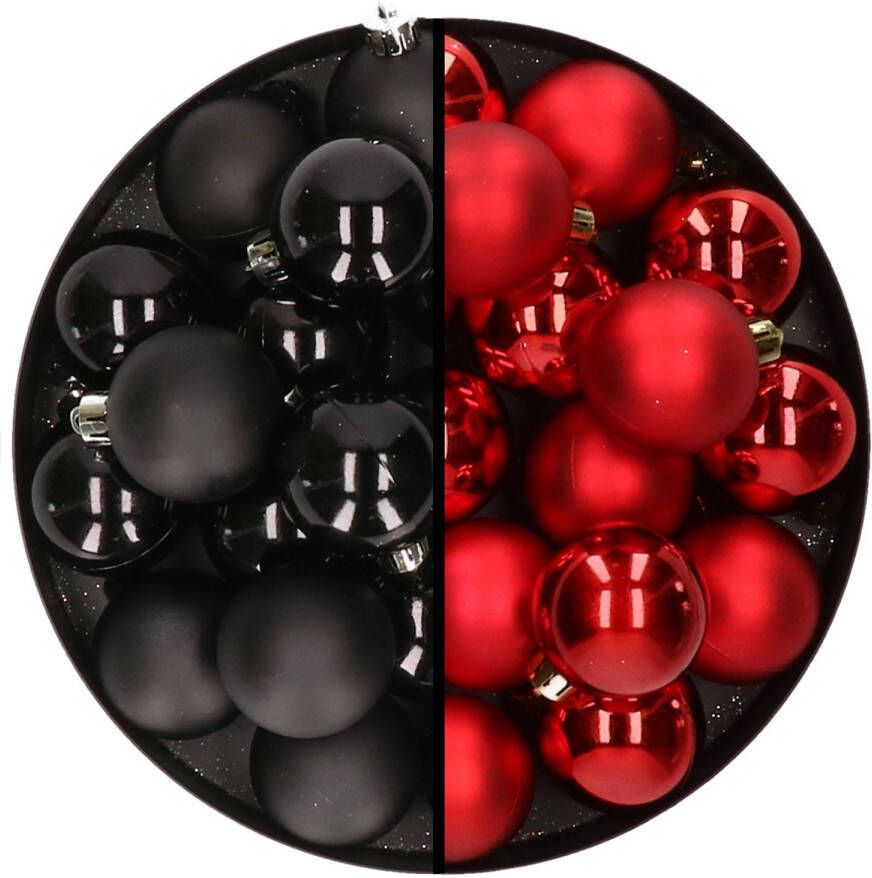 Decoris 32x stuks kunststof kerstballen mix van zwart en rood 4 cm Kerstbal