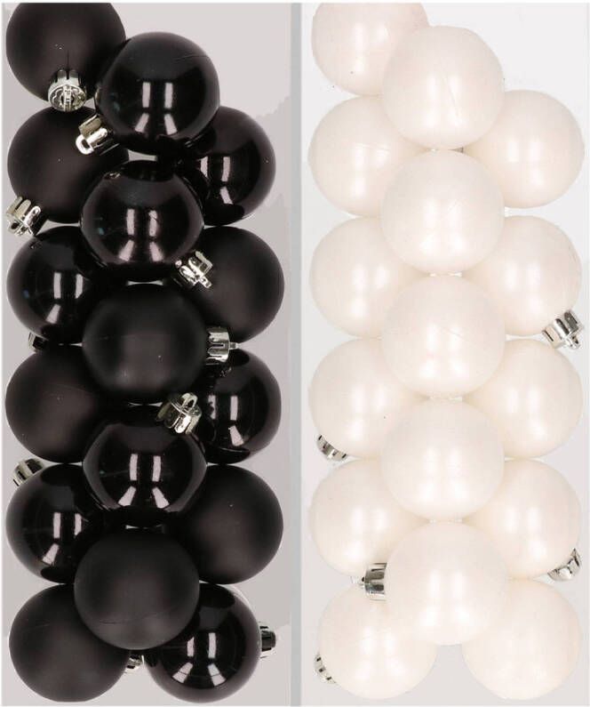 Decoris 32x stuks kunststof kerstballen mix van zwart en wit 4 cm Kerstbal