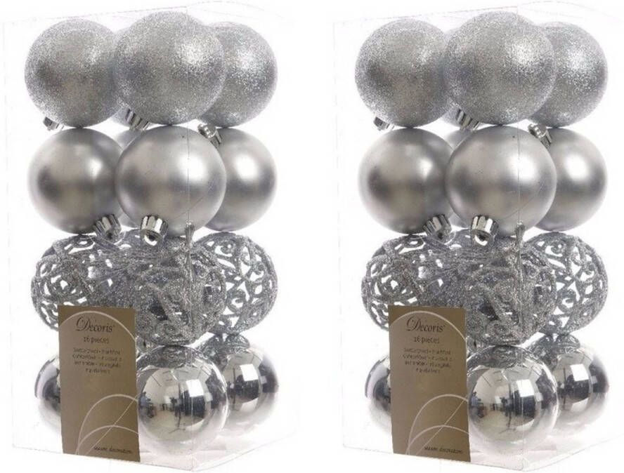 Decoris 32x Zilveren kerstballen 6 cm kunststof mix Kerstbal
