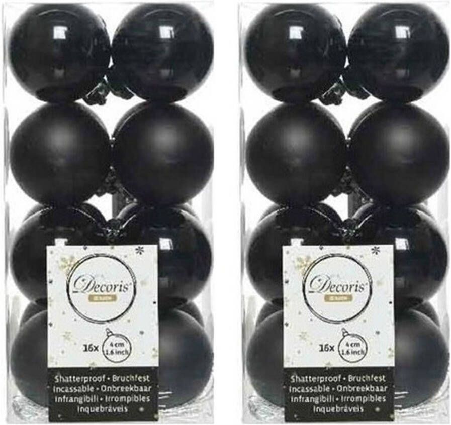 Decoris 32x Zwarte kerstballen 4 cm kunststof mat glans Kerstbal