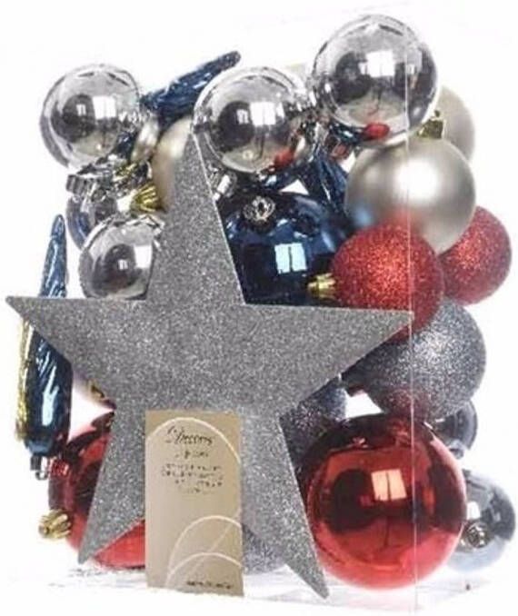 Decoris Kerstboom decoratie kerstballen set zilver rood blauw 33 stuks Kerstbal