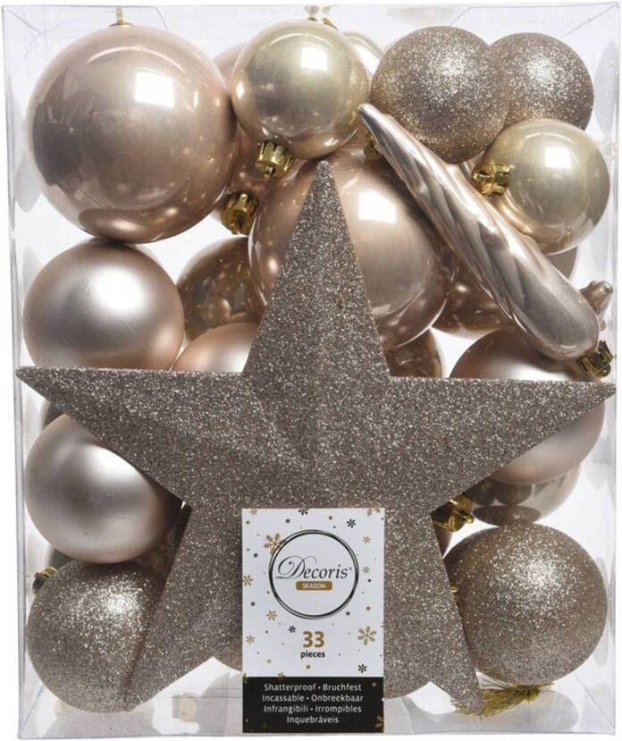 Decoris 33x Champagne kunststof kerstballen 5-6-8 cm Mix Onbreekbare plastic kerstballen Kerstboomversiering champagne