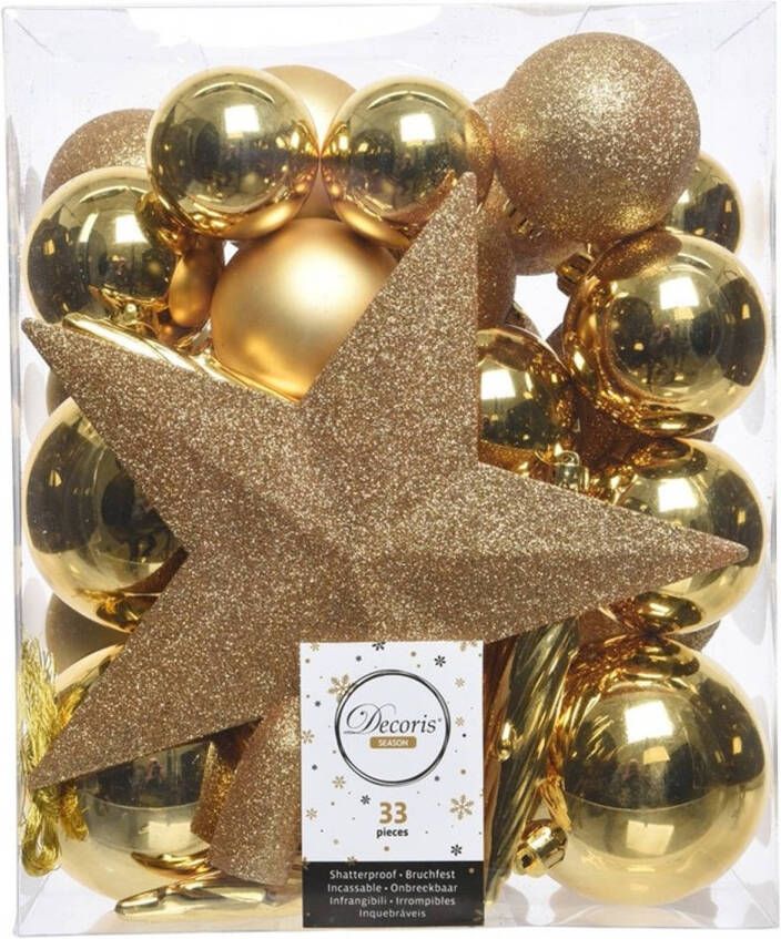 Decoris 33x Gouden kunststof kerstballen 5-6-8 cm Mix Onbreekbare plastic kerstballen Kerstboomversiering goud