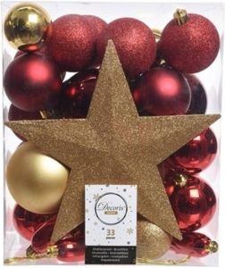 Decoris 33x Gouden rode kunststof kerstballen 5-6-8 cm Mix Onbreekbare plastic kerstballen Kerstboomversiering goud rood