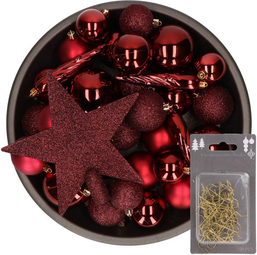 Decoris 33x kunststof kerstballen 5-6-8 cm bordeaux rood met ster piek en haakjes Kerstbal