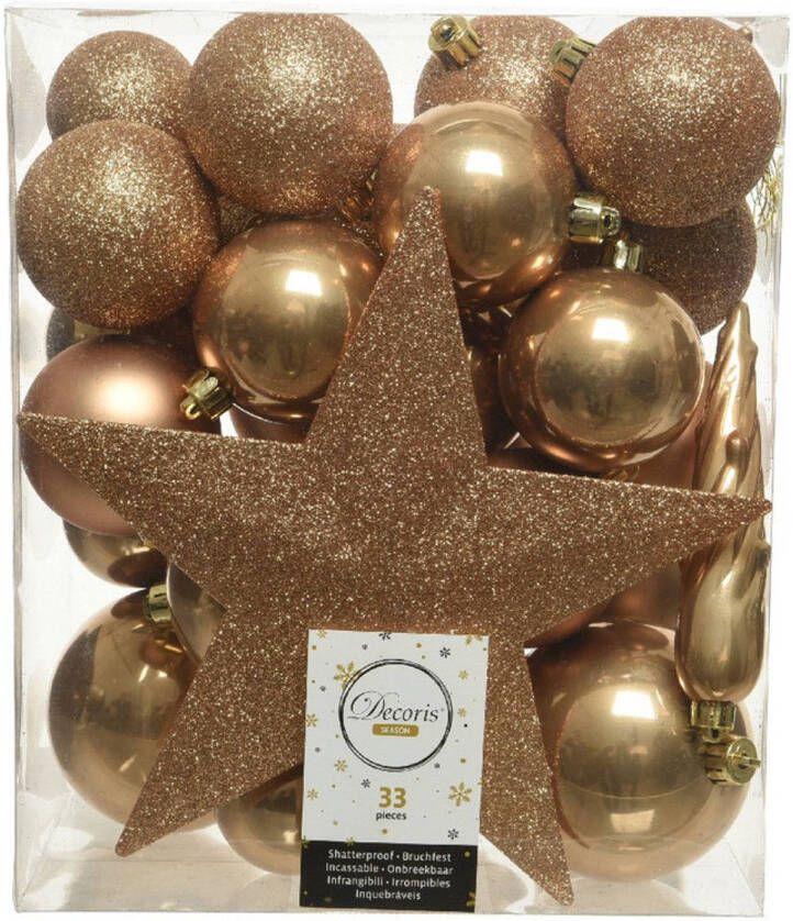 Decoris 33x Kunststof kerstballen mix camel bruin 5-6-8 cm kerstboom versiering decoratie Kerstbal