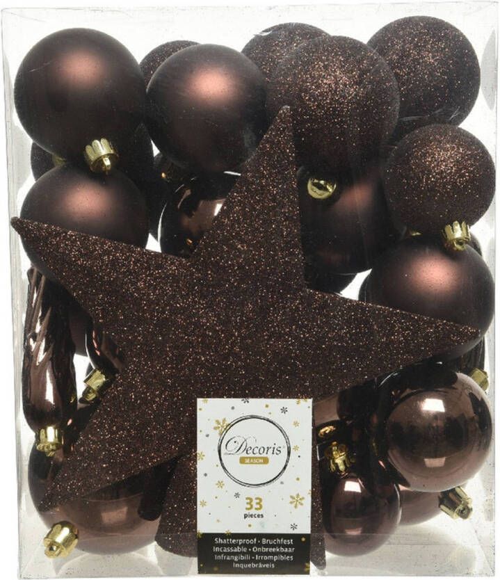 Decoris 33x Kunststof kerstballen mix donkerbruin 5-6-8 cm kerstboom versiering decoratie Kerstbal
