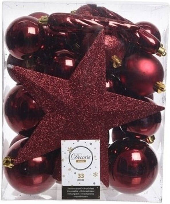 Decoris 33x Kunststof kerstballen mix donkerrood 5-6-8 cm kerstboom versiering decoratie Kerstbal