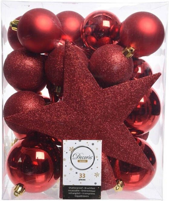 Decoris 33x Kunststof kerstballen mix rood 5-6-8 cm kerstboom versiering decoratie Kerstbal