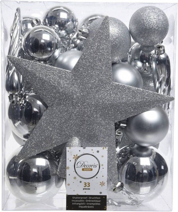 Decoris 33x Kunststof kerstballen mix zilver 5-6-8 cm kerstboom versiering decoratie Kerstbal