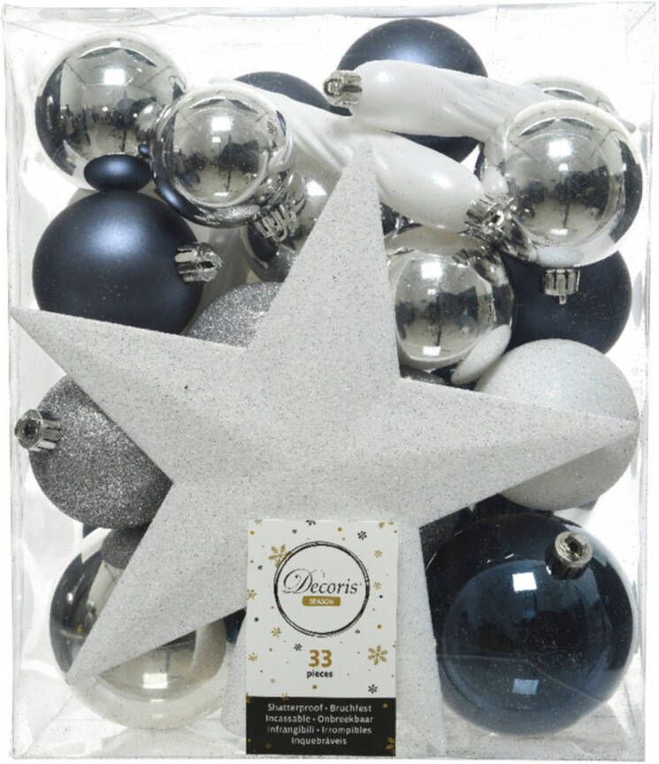 Decoris 33x Kunststof kerstballen mix zilver wit blauw 5-6-8 cm kerstboom versiering decoratie Kerstbal