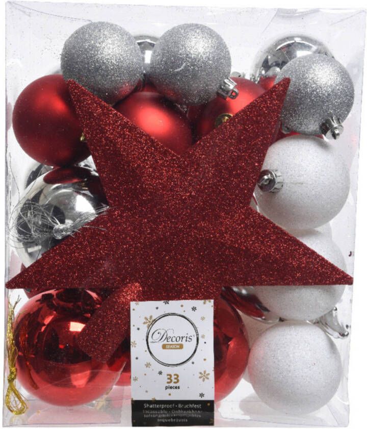 Decoris 33x Kunststof kerstballen mix zilver wit rood 5-6-8 cm kerstboom versiering decoratie Kerstbal