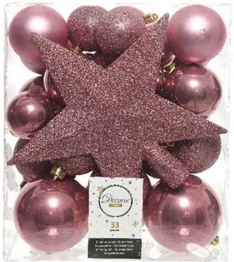 Decoris 33x Oud roze kunststof kerstballen 5-6-8 cm Mix Onbreekbare plastic kerstballen Kerstboomversiering oud roze