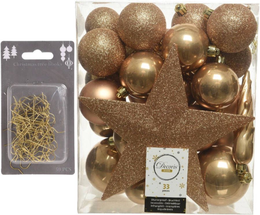 Decoris 33x stuks kunststof kerstballen 5 6 en 8 cm camel bruin inclusief ster piek en kerstbalhaakjes Kerstbal