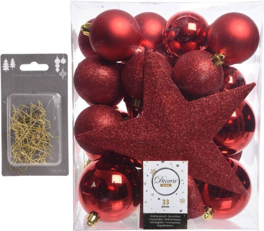 Decoris 33x stuks kunststof kerstballen 5 6 en 8 cm rood inclusief ster piek en kerstbalhaakjes Kerstbal