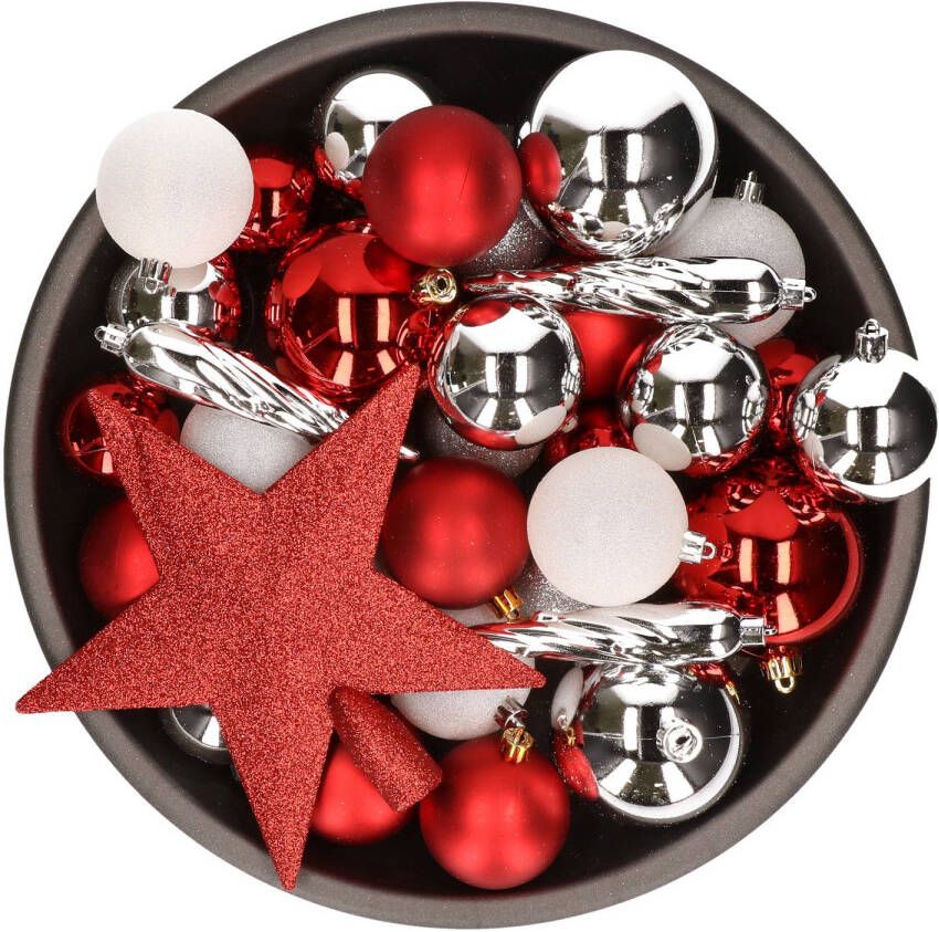 Decoris 33x stuks kunststof kerstballen met piek 5-6-8 cm rood wit zilver incl. haakjes Kerstbal
