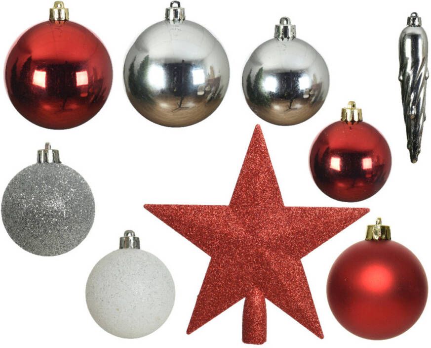 Decoris 33x stuks kunststof kerstballen met piek rood wit zilver 5-6-8 cm Kerstbal