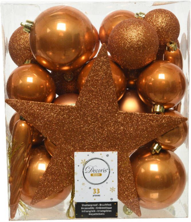 Decoris 33x stuks kunststof kerstballen met ster piek cognac bruin (amber) Kerstbal