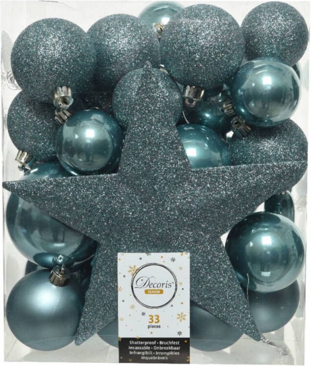 Decoris 33x stuks kunststof kerstballen met ster piek ijsblauw (blue dawn) Kerstbal