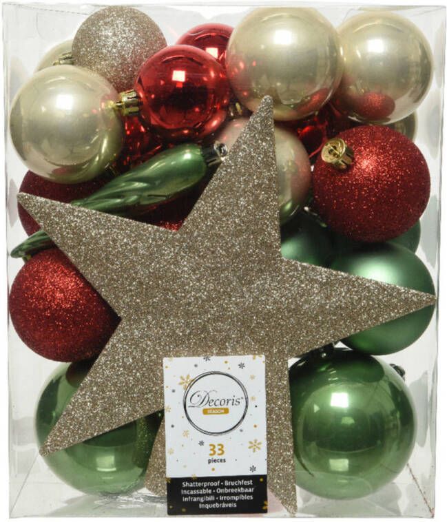 Decoris 33x stuks kunststof kerstballen met ster piek parel rood saliegroen (sage) Kerstbal