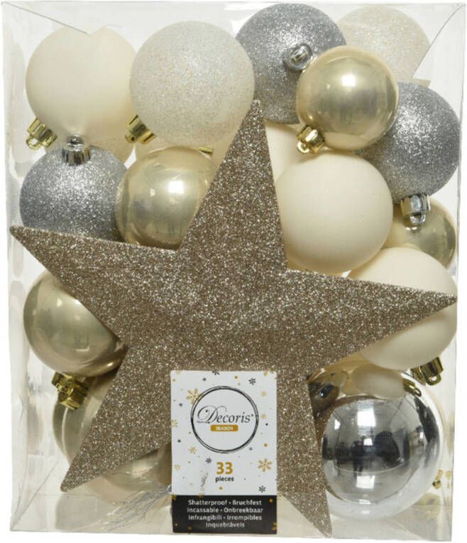 Decoris 33x stuks kunststof kerstballen met ster piek parel zilver wit Kerstbal
