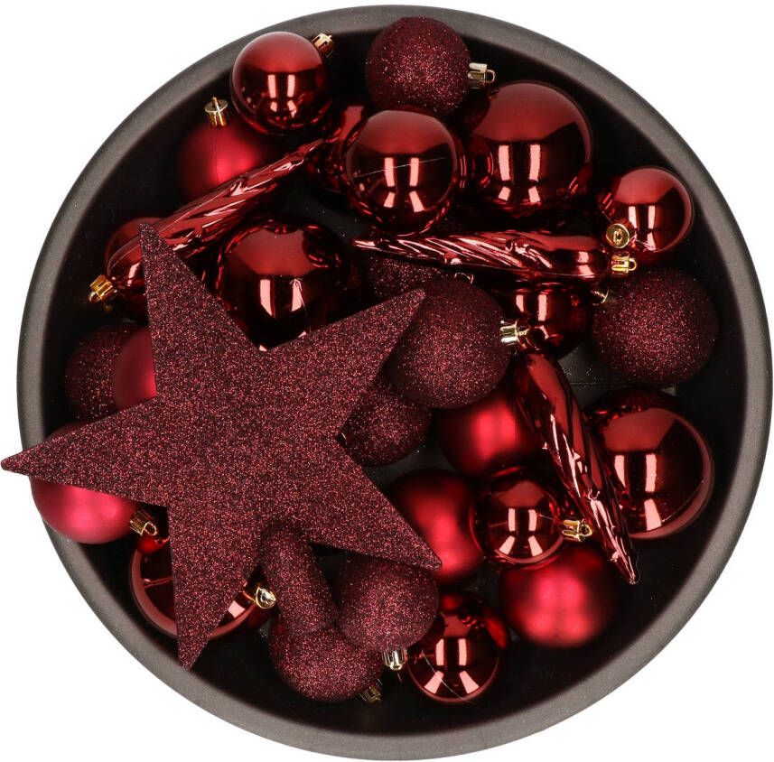 Decoris 33x stuks kunststof kerstballen met ster piek rood 5-6-8 cm mix Kerstbal