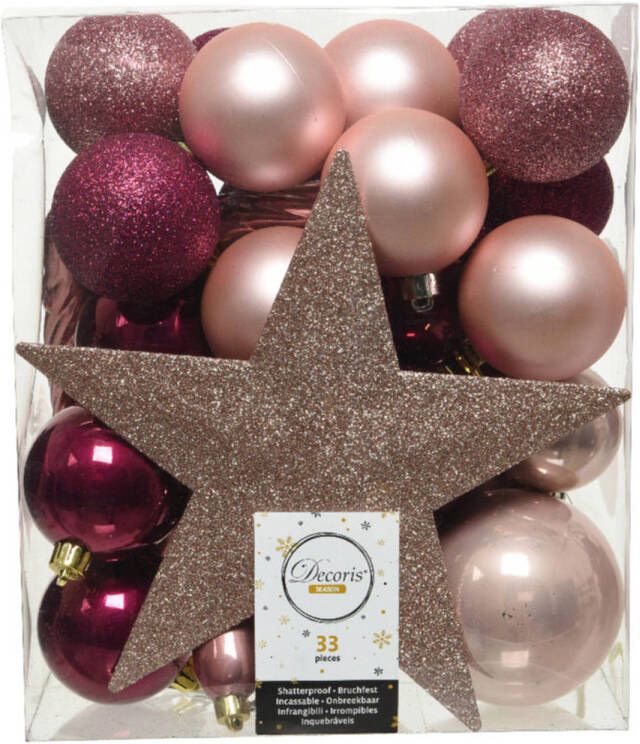 Decoris 33x stuks kunststof kerstballen met ster piek roze tinten Kerstbal