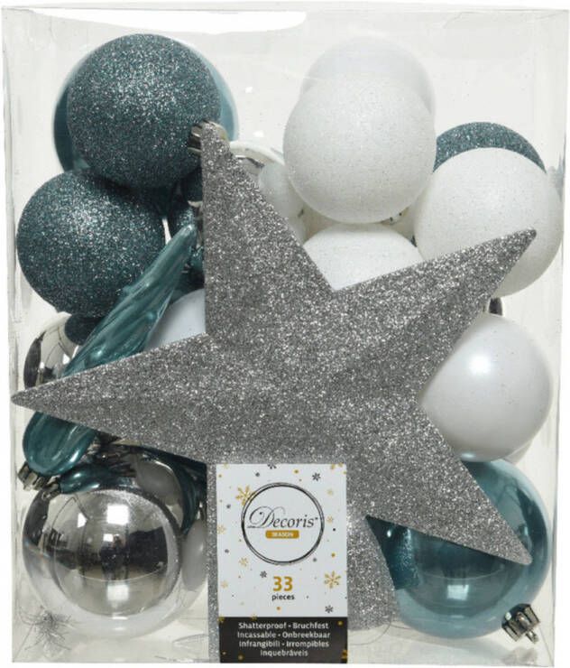 Decoris 33x stuks kunststof kerstballen met ster piek zilver ijsblauw (blue dawn) wit Kerstbal