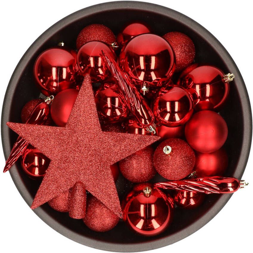 Decoris 33x stuks kunststof kerstballen rood met ster piek 5-6-8 cm mix Kerstbal