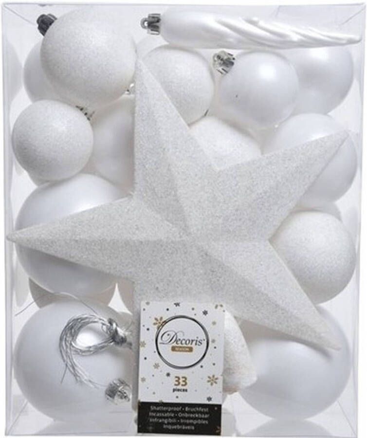 Decoris 33x Winter witte kunststof kerstballen 5-6-8 cm Mix Onbreekbare plastic kerstballen Kerstboomversiering wit