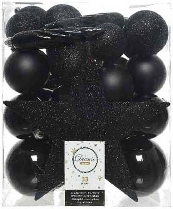 Decoris 33x Zwarte kunststof kerstballen 5-6-8 cm Mix Onbreekbare plastic kerstballen Kerstboomversiering zwart