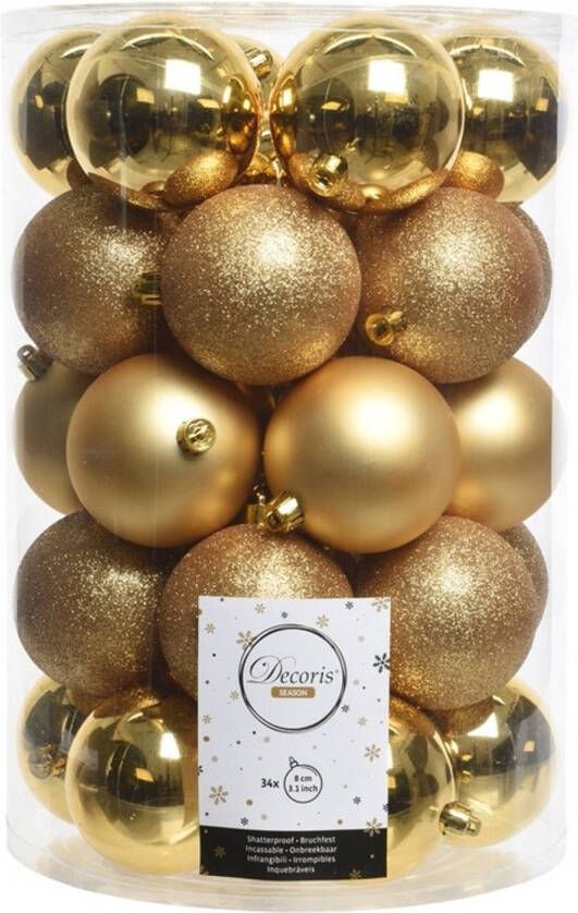 Decoris 34x Gouden kerstversiering kerstballen kunststof 8 cm Kerstbal
