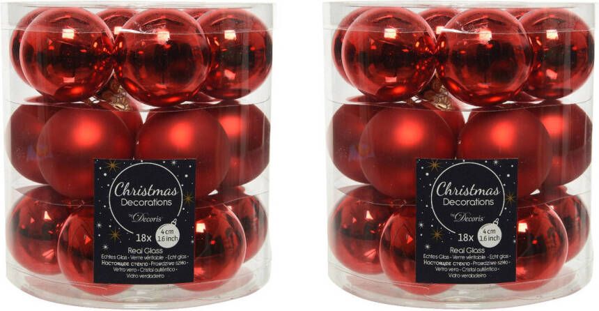 Decoris 36x stuks kleine glazen kerstballen rood 4 cm mat glans Kerstbal